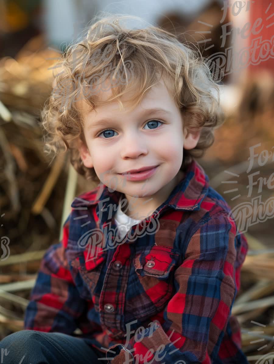 Charming Young Boy with Curly Hair in Rustic Farm Setting