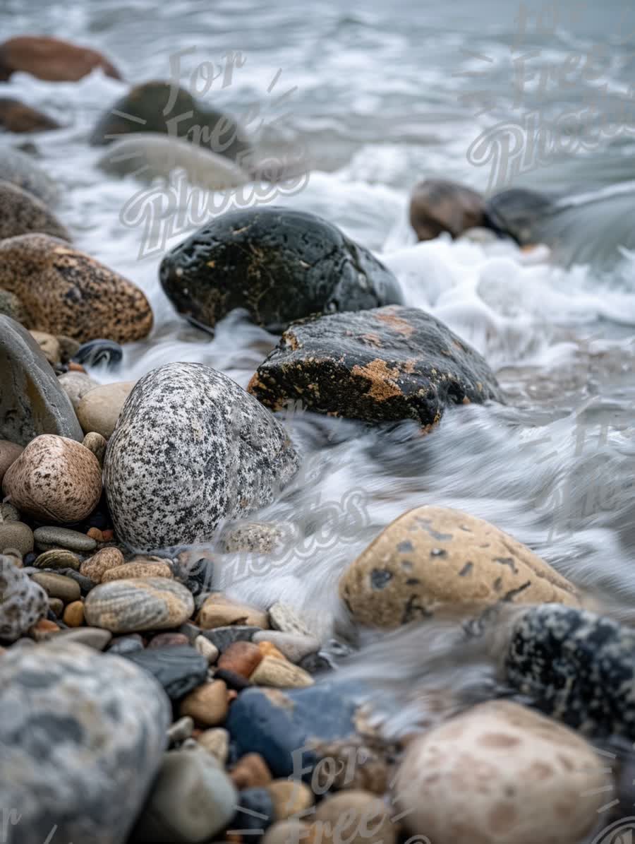 Serene Coastal Landscape with Smooth Pebbles and Gentle Waves