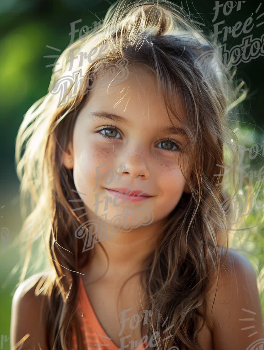 Natural Beauty: Portrait of a Smiling Young Girl with Freckles and Flowing Hair in Soft Light