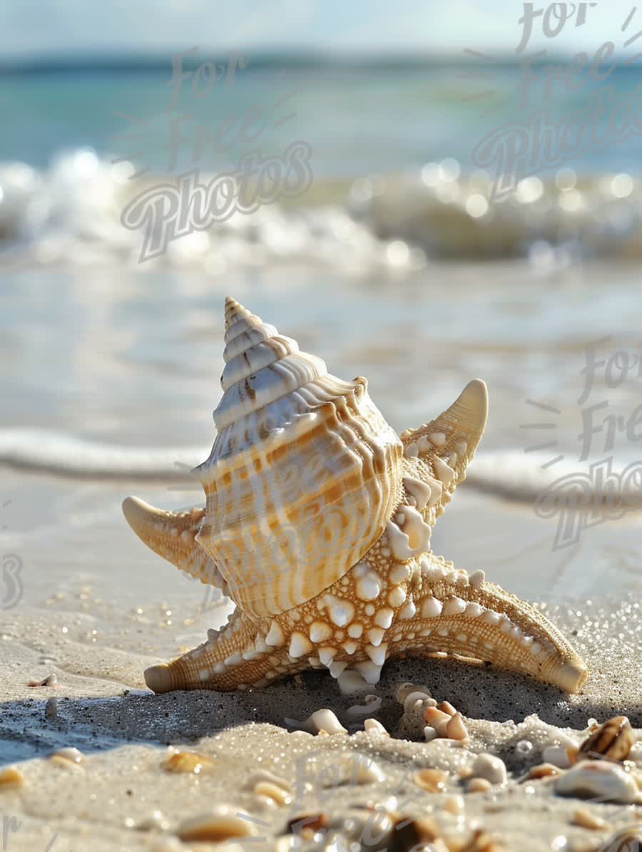 Beautiful Seashell on Sandy Beach with Gentle Waves