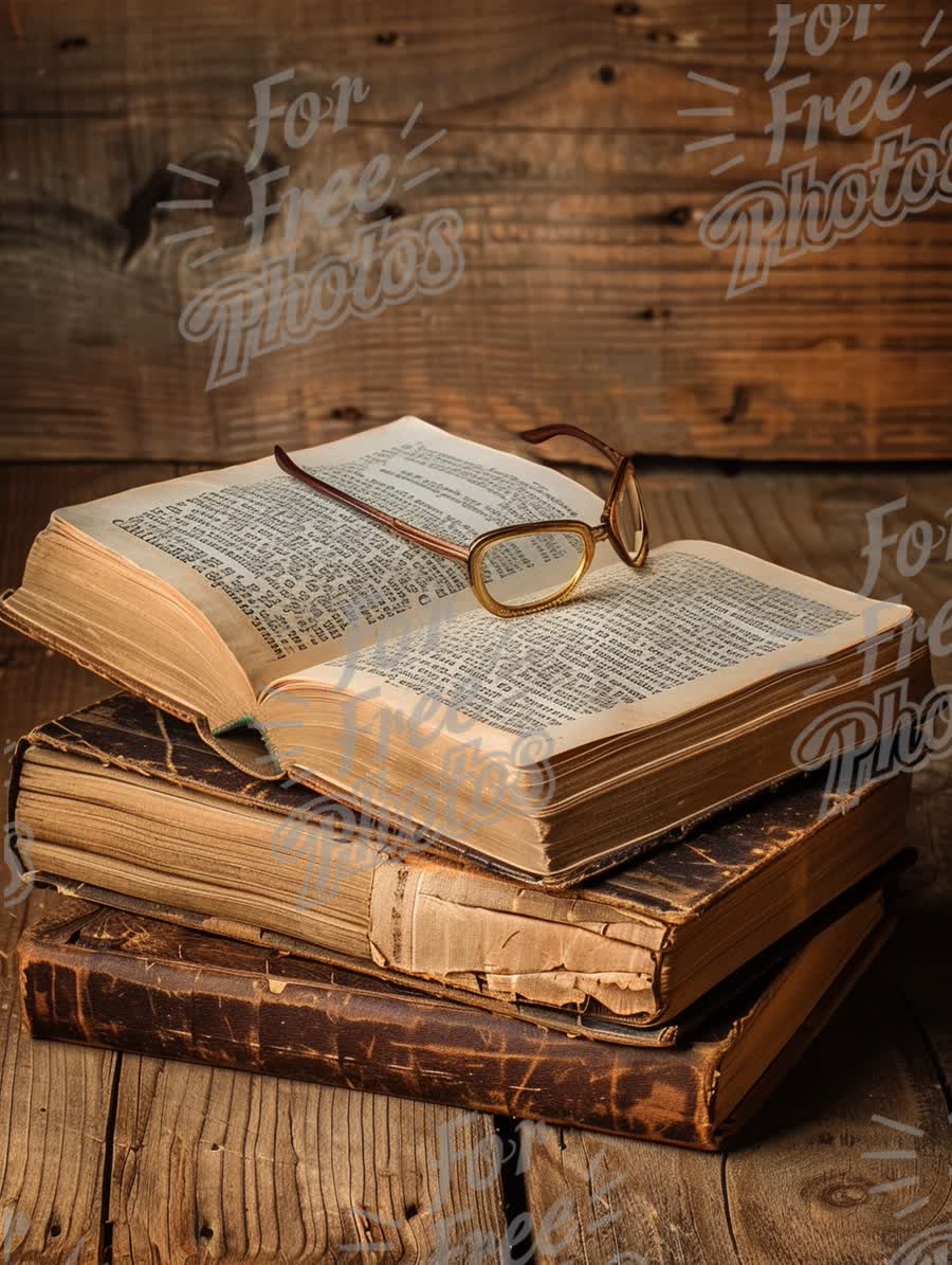 Vintage Books and Reading Glasses on Rustic Wooden Background