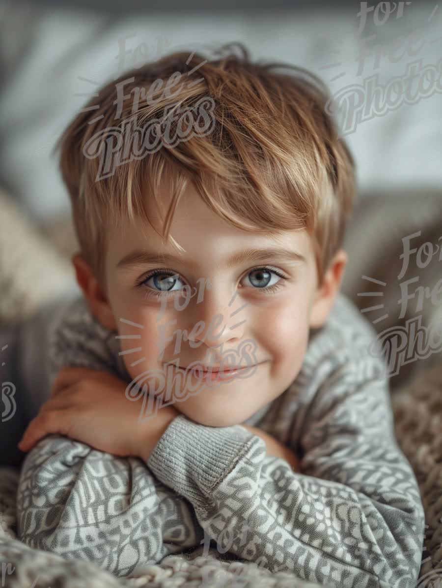 Charming Smiling Boy with Bright Blue Eyes Relaxing at Home