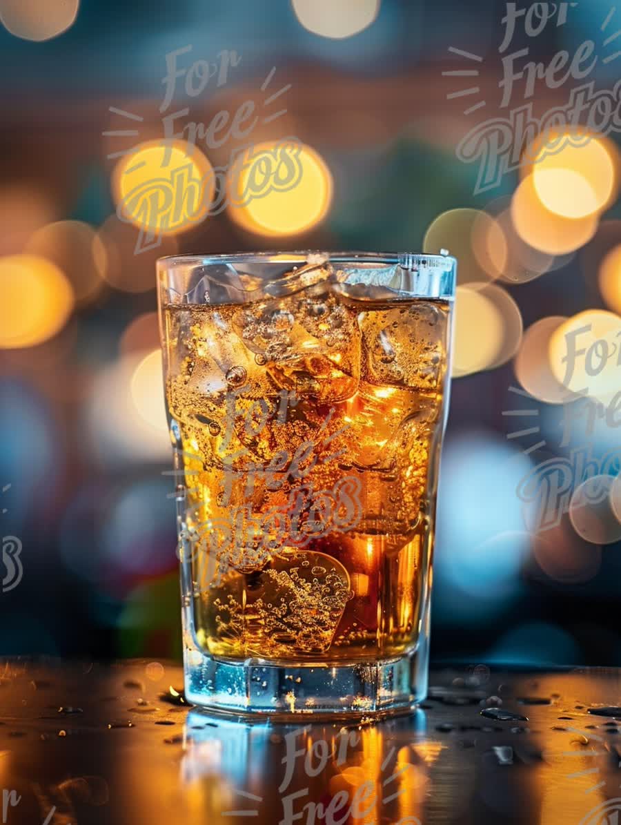 Refreshing Sparkling Beverage with Ice in a Stylish Glass Against a Bokeh Background