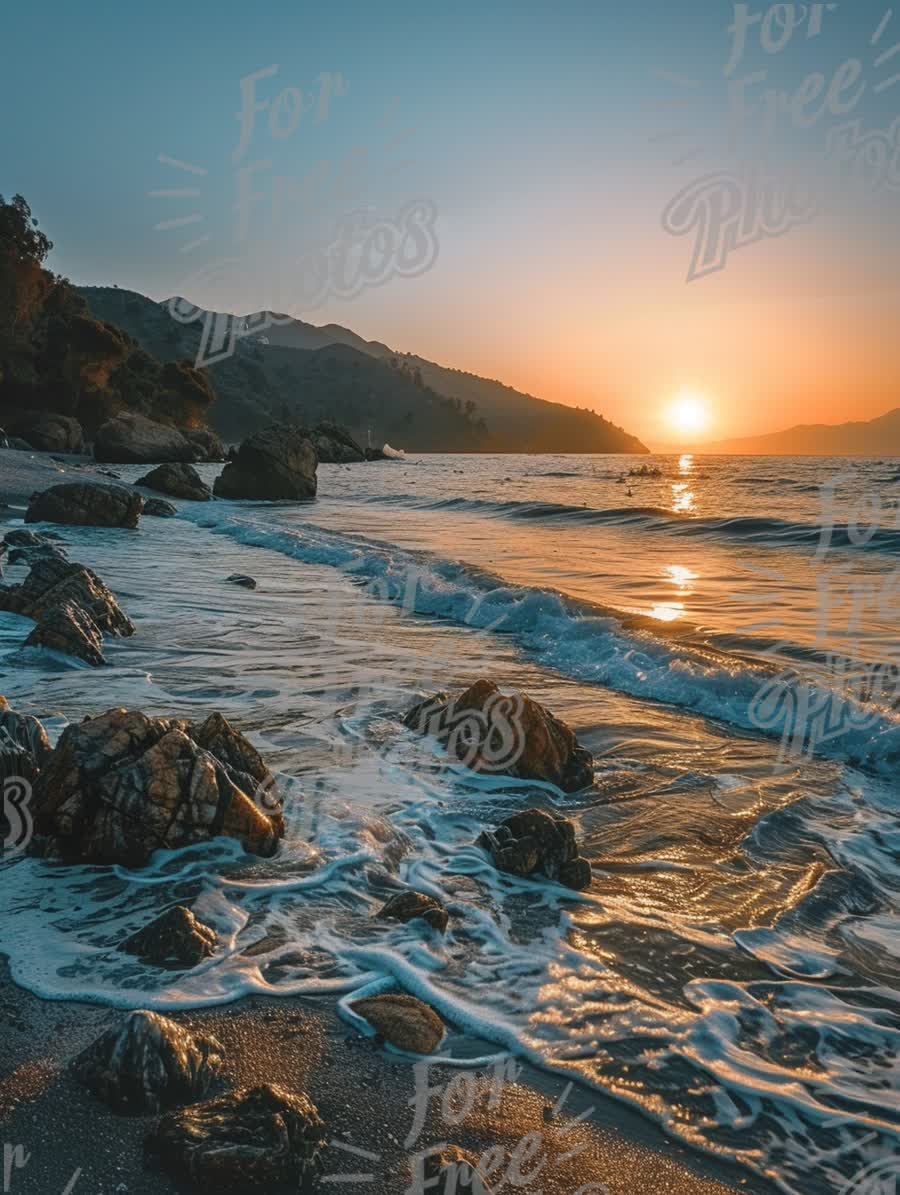 Serene Sunset Over Tranquil Beach with Gentle Waves and Rocky Shoreline