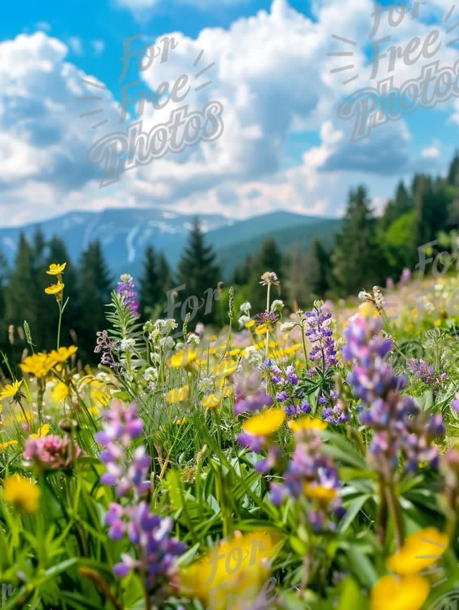 Vibrant Wildflower Meadow with Scenic Mountain Background and Blue Sky