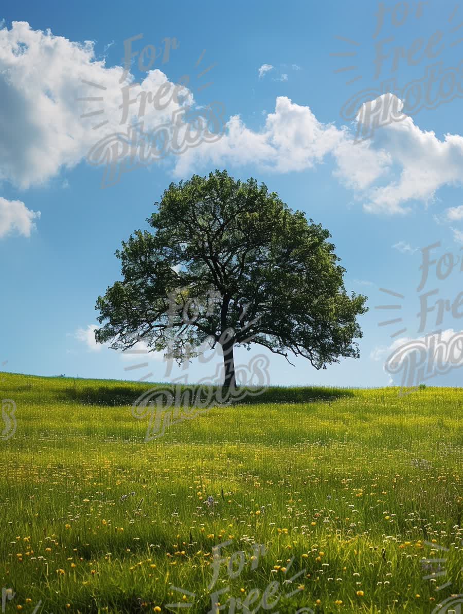 Solitary Tree on Lush Green Meadow Under Blue Sky