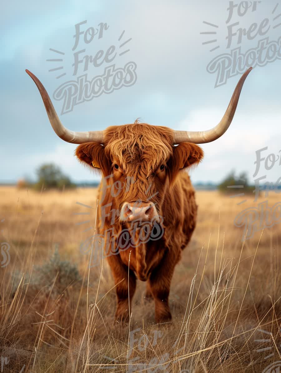 Highland Cow in Serene Pastoral Landscape - Rustic Farm Animal Photography