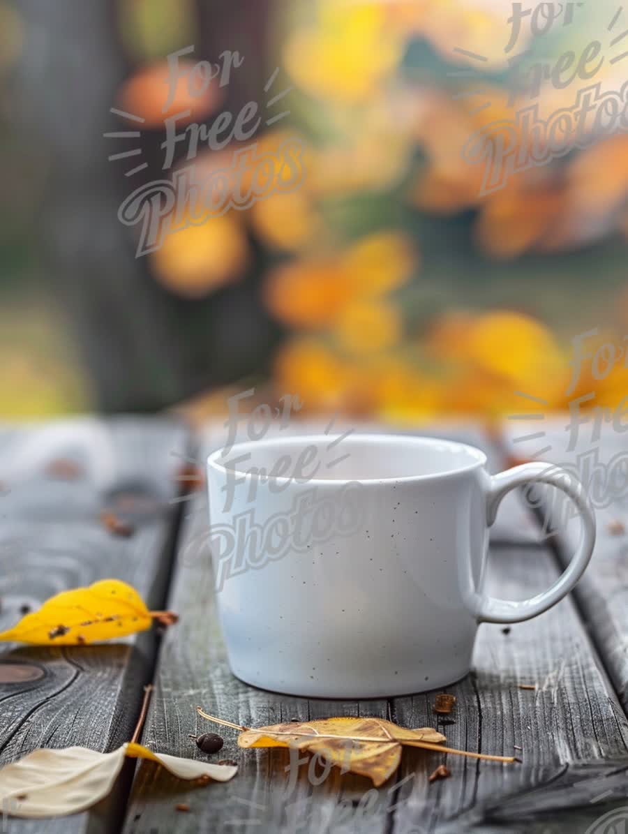 Cozy Autumn Coffee Moment: White Mug Surrounded by Fall Leaves