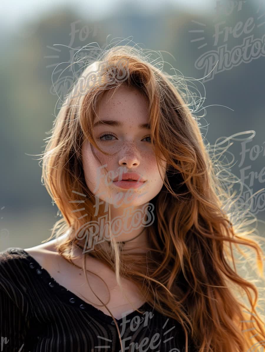 Natural Beauty Portrait of a Young Woman with Freckles and Flowing Hair in Soft Light