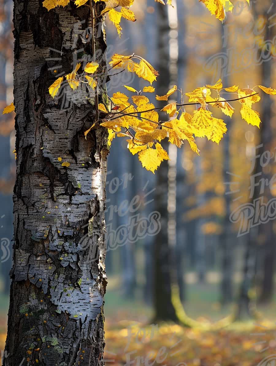 Golden Autumn Leaves on Birch Tree in Serene Forest