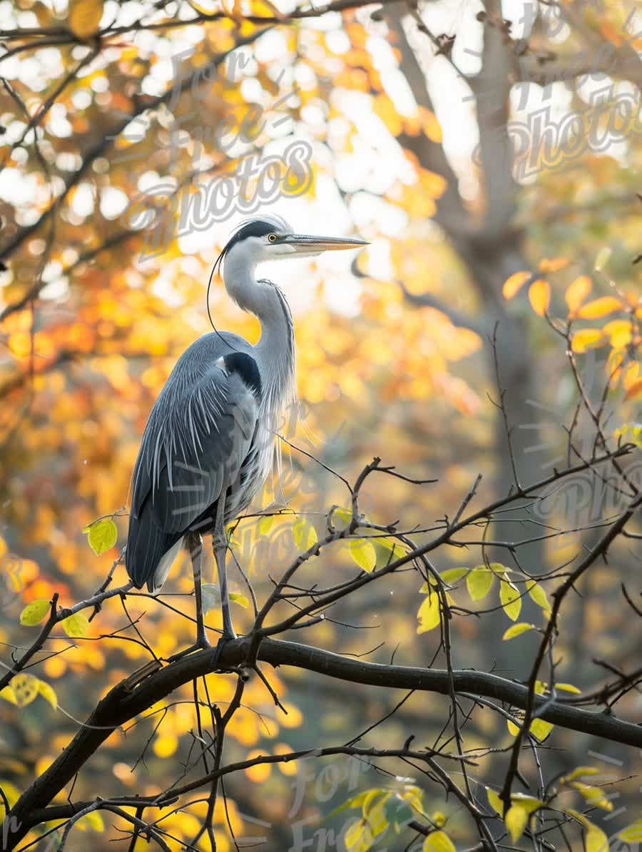 Majestic Great Blue Heron in Autumn Foliage: Nature's Serenity and Wildlife Beauty