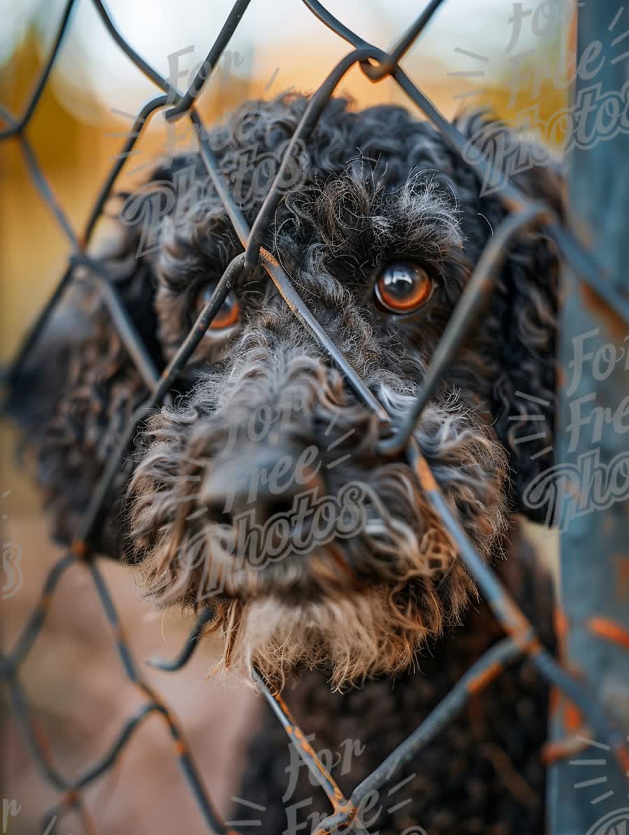 Adorable Black Poodle Behind Chain Link Fence - Pet Portraits and Animal Emotions