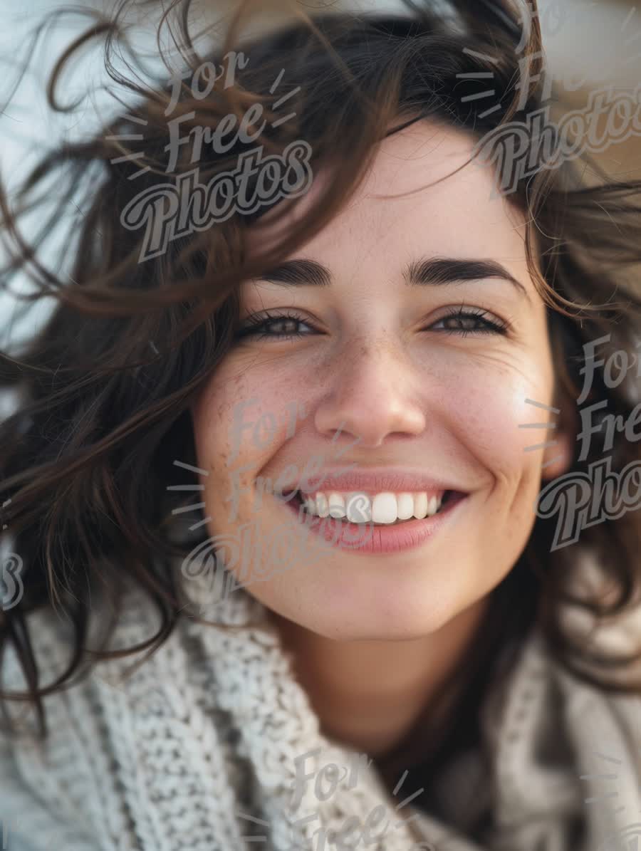 Joyful Woman with Windblown Hair Smiling Outdoors