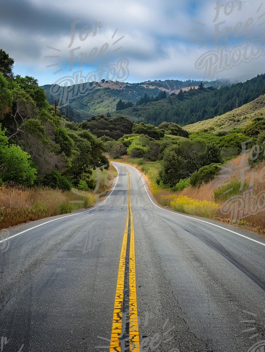 Scenic Winding Road Through Lush Green Hills Under Cloudy Sky