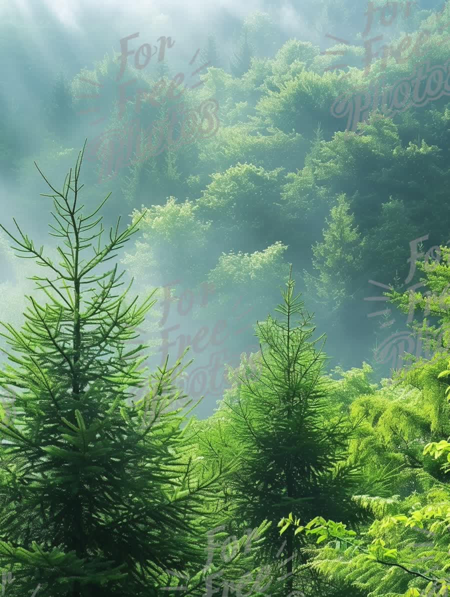 Serene Misty Forest Landscape with Lush Green Trees