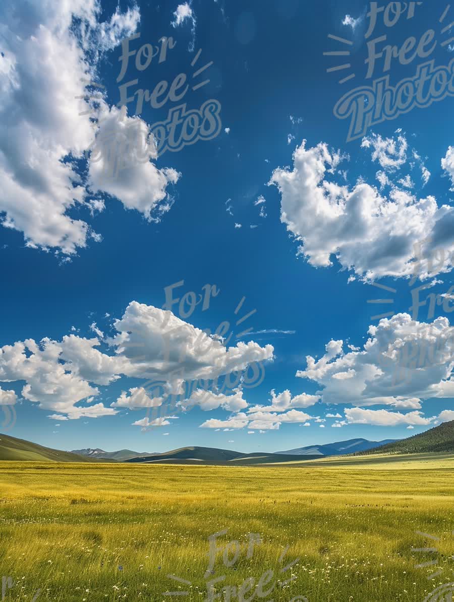 Vast Open Meadow Under Dramatic Blue Sky with Fluffy Clouds