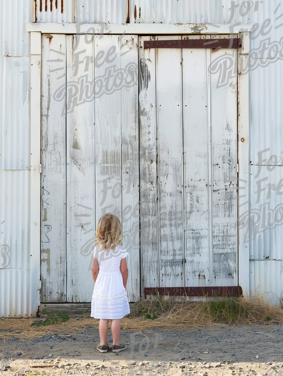 Curious Child Gazing at Rustic Barn Door: Innocence and Exploration