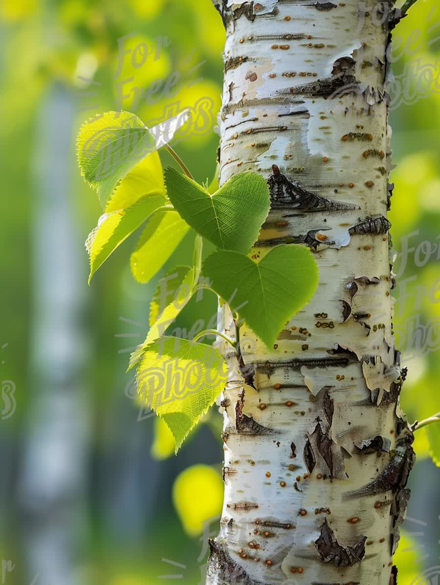 Vibrant Green Leaves on Birch Tree Trunk in Springtime Nature