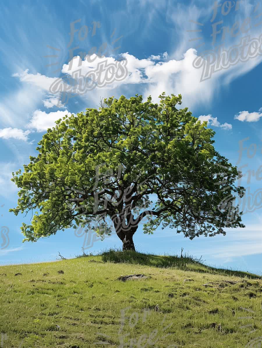 Solitary Tree on Hilltop Against Blue Sky and Wispy Clouds