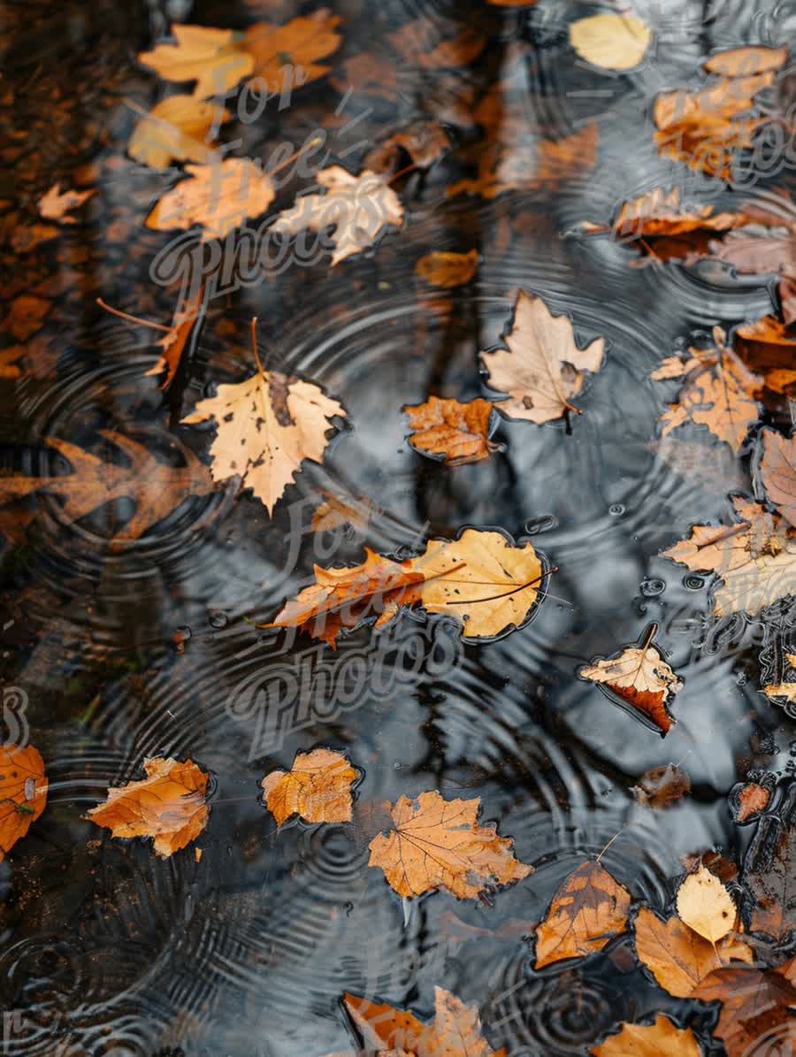 Autumn Leaves Floating on Rainy Water Surface