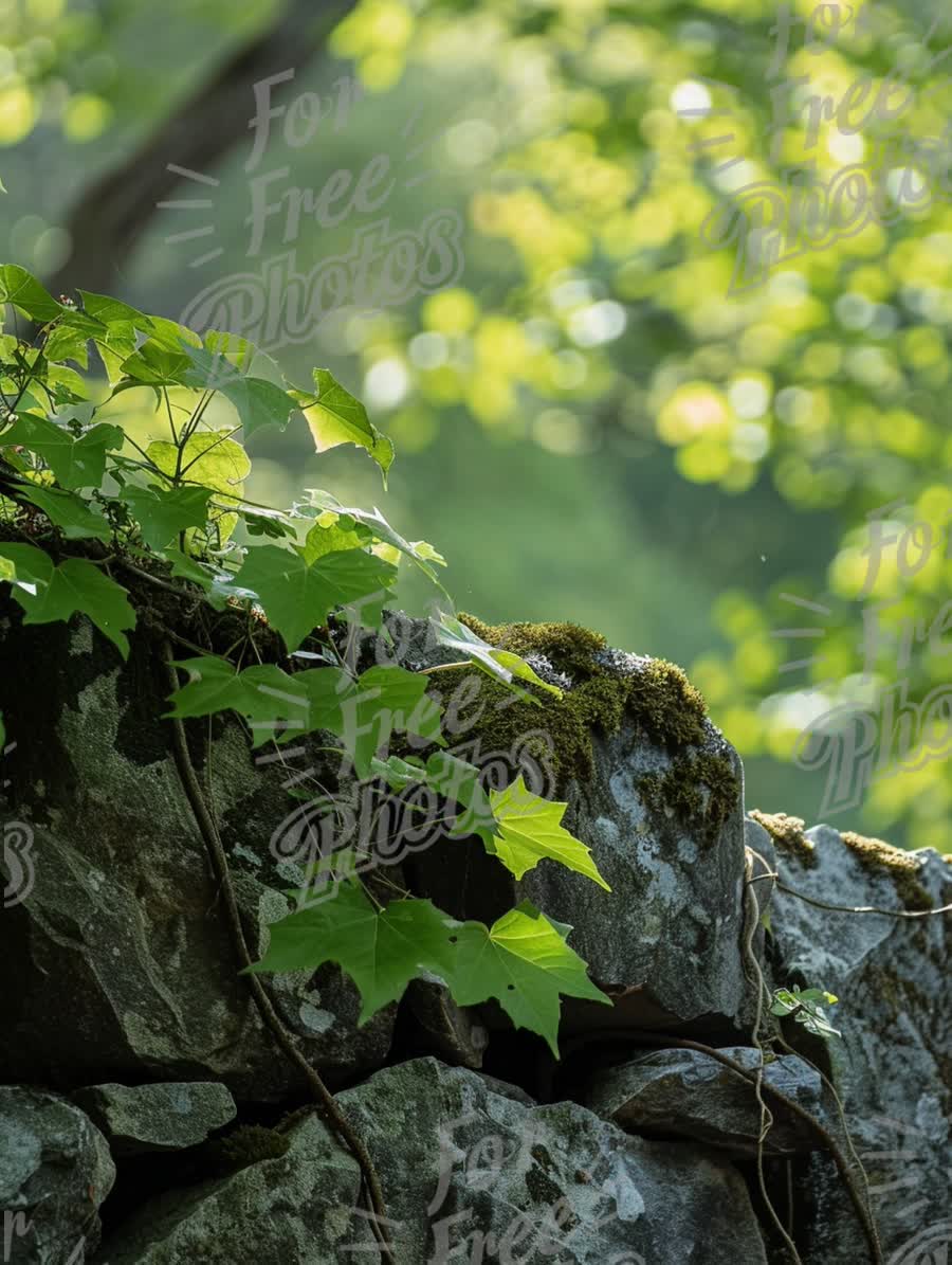 Serene Nature Background with Lush Green Ivy and Moss on Stone Wall