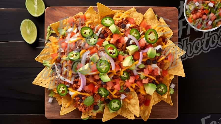 Delicious Loaded Nachos with Fresh Toppings and Salsa on a Wooden Platter