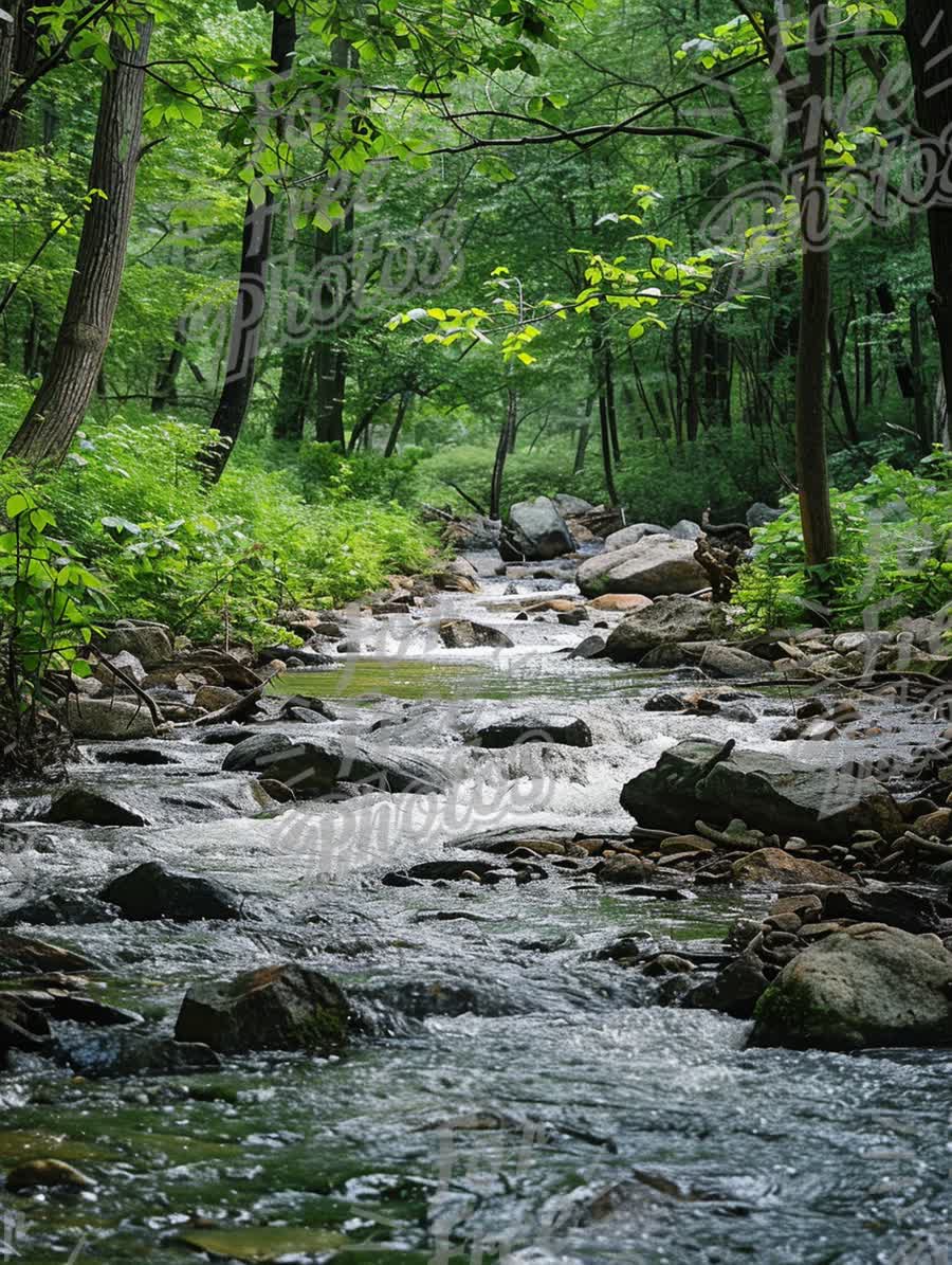 Tranquil Forest Stream: Serene Nature Landscape with Lush Greenery and Flowing Water