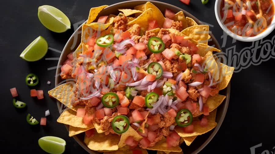 Delicious Loaded Nachos with Fresh Toppings and Salsa on a Dark Background