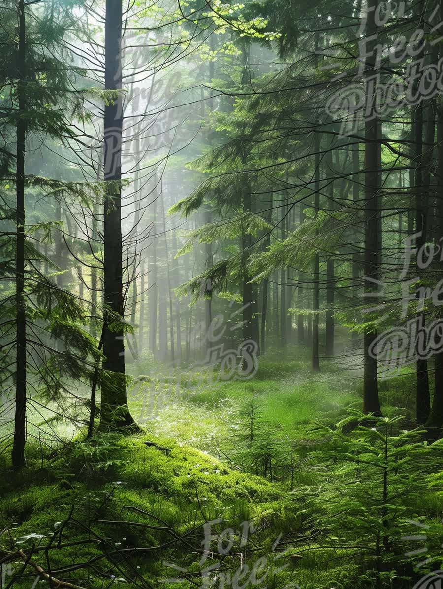 Serene Misty Forest Landscape: Tranquil Nature Scene with Lush Greenery and Soft Light