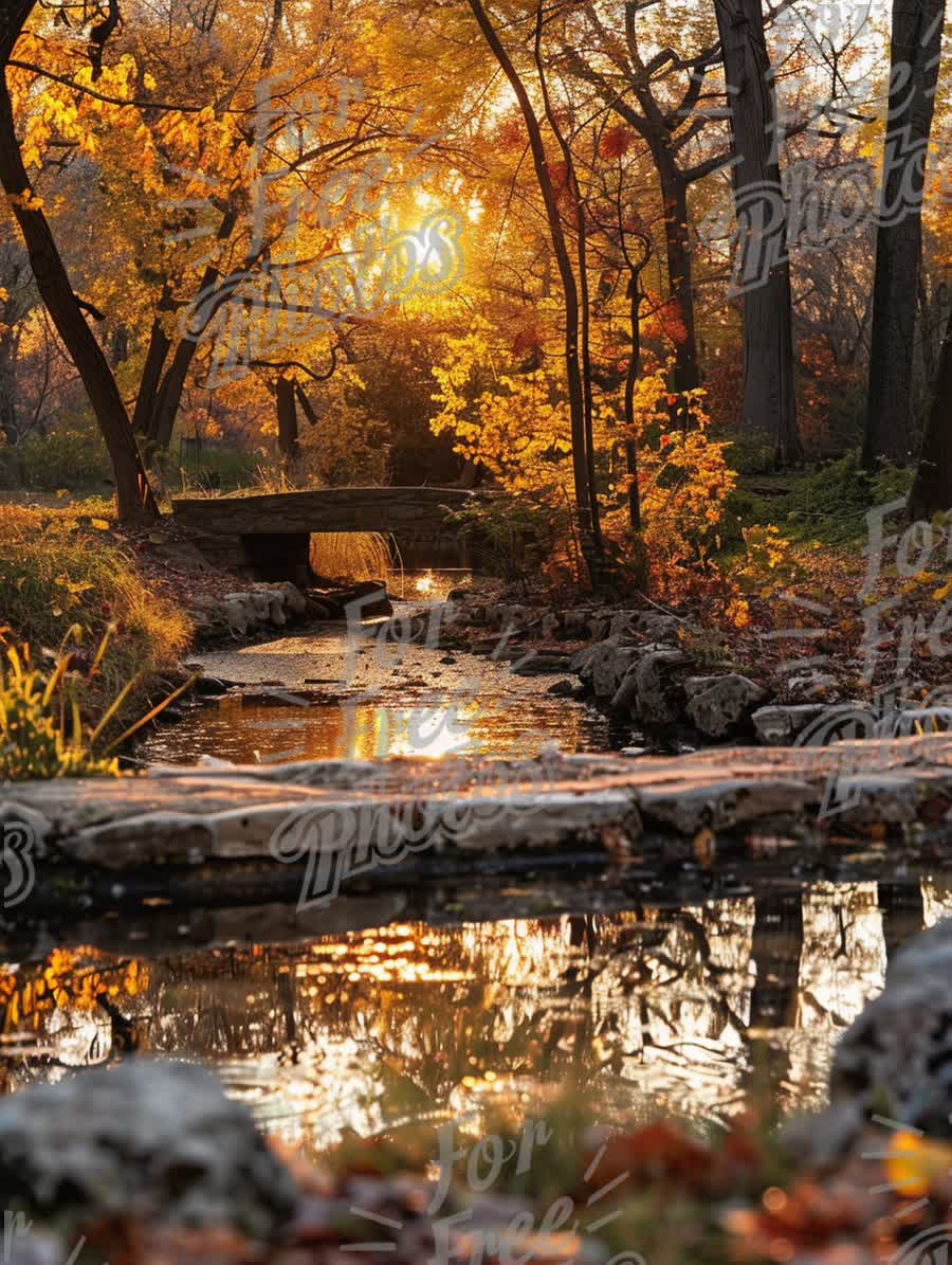 Serene Autumn Landscape with Golden Sunset Reflections in Tranquil Stream