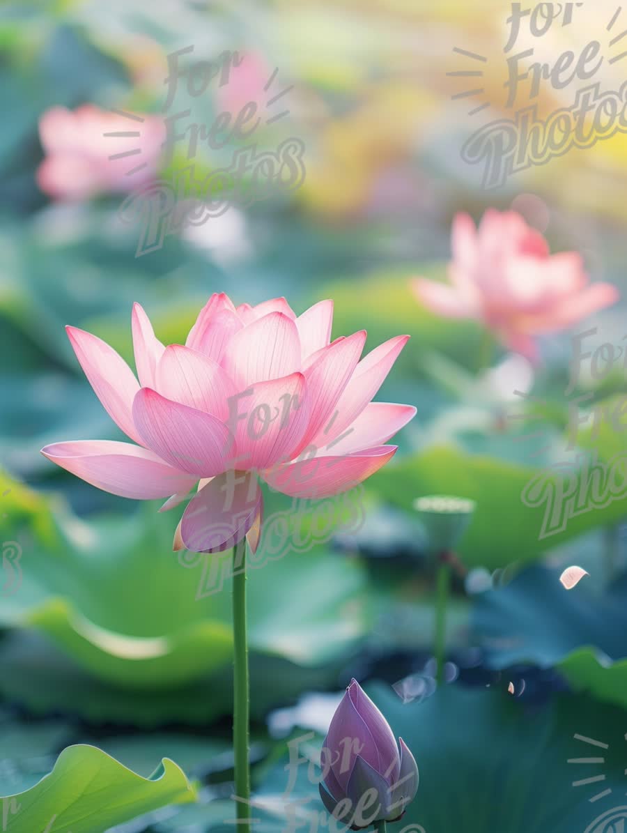 Serene Pink Lotus Flowers in Tranquil Pond Setting