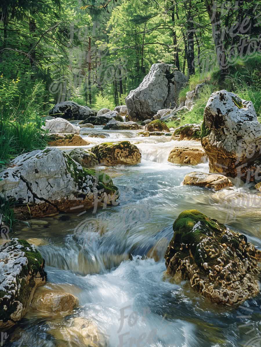 Tranquil Mountain Stream Flowing Through Lush Green Forest