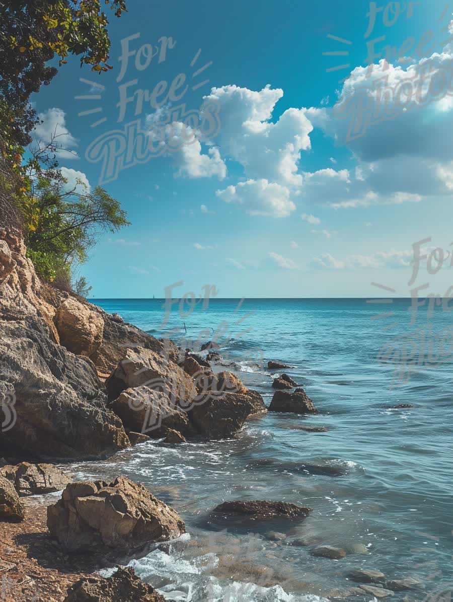 Tranquil Coastal Landscape with Rocky Shoreline and Clear Blue Waters