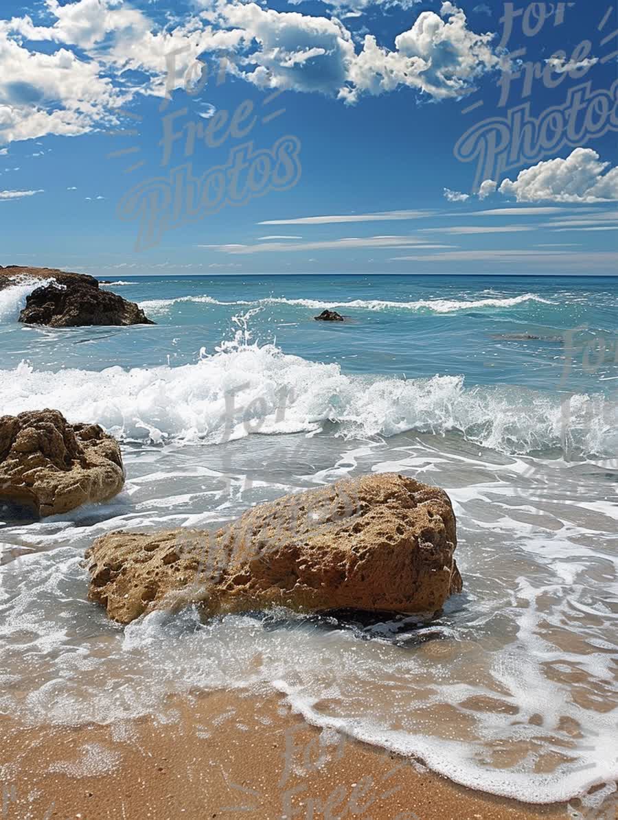 Tranquil Beach Scene with Waves and Rocky Shoreline Under Blue Sky