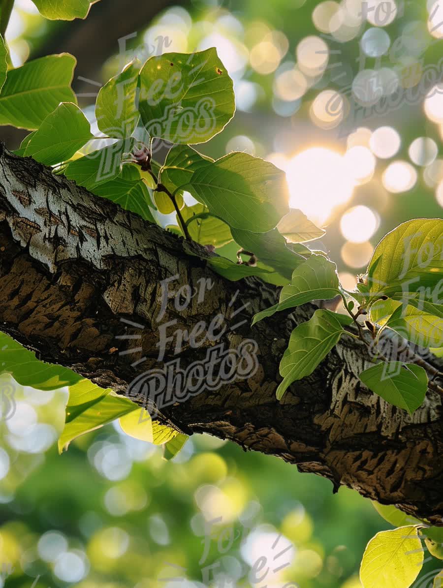 Sunlit Leaves on Tree Branch with Bokeh Background - Nature Serenity