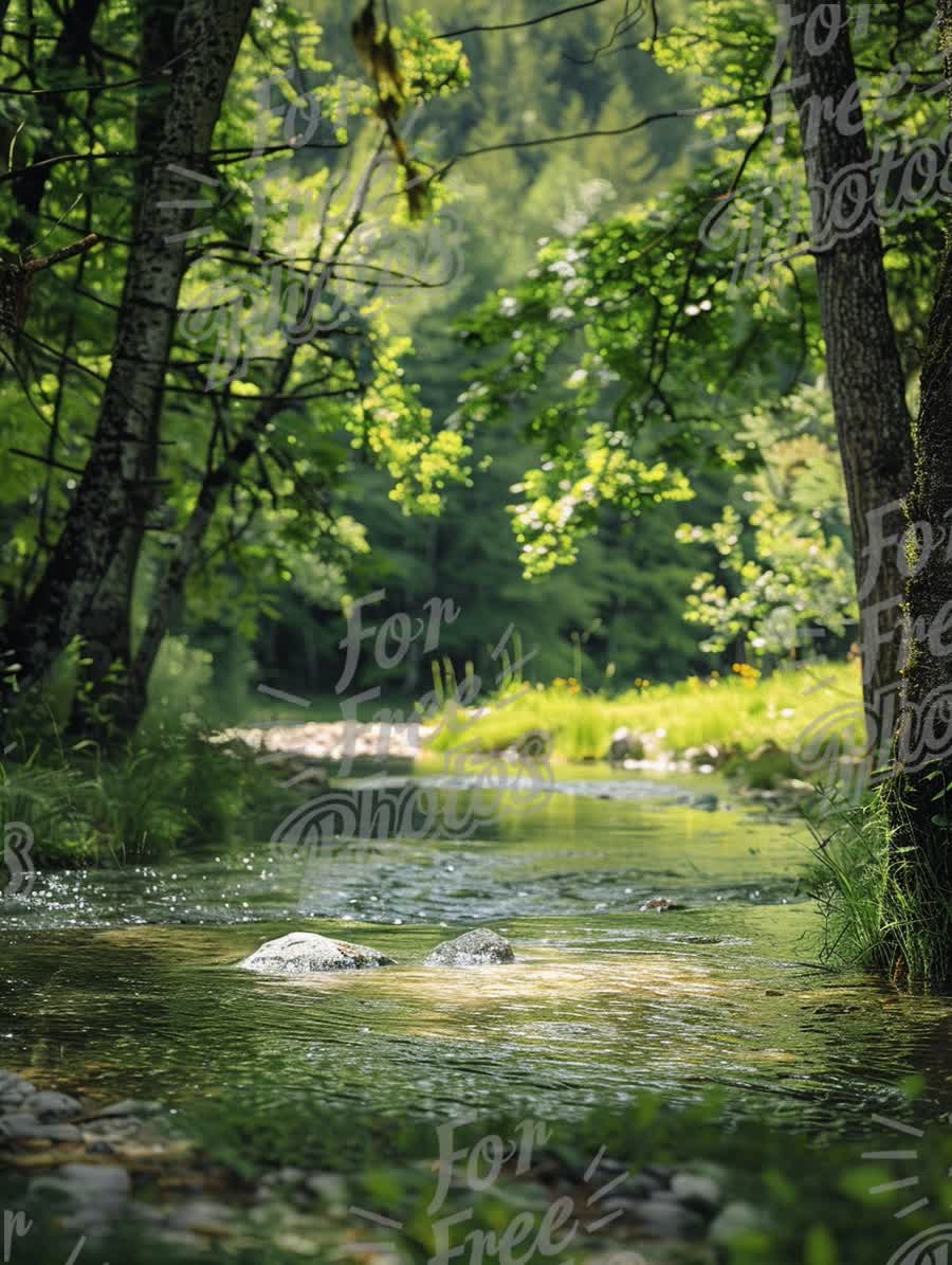 Tranquil Forest Stream: Serene Nature Scene with Lush Greenery and Clear Water