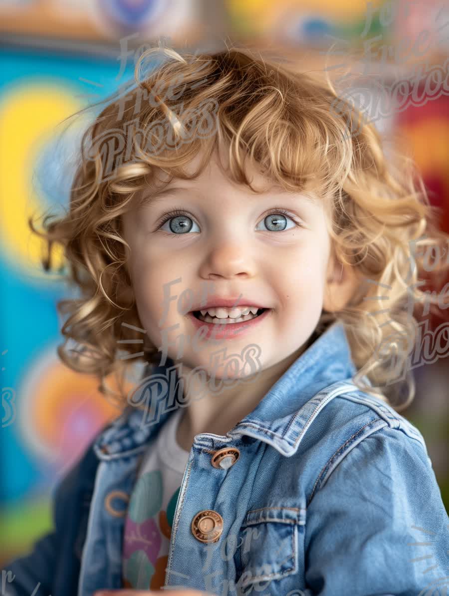 Joyful Child with Curly Hair in Colorful Environment - Happiness and Playfulness