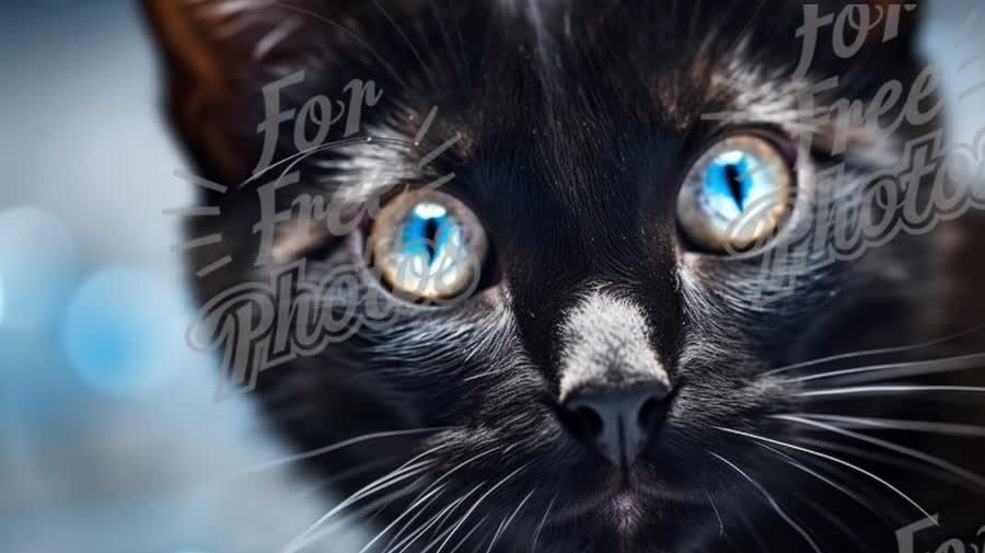 Close-Up of a Black Cat with Striking Blue Eyes Against a Soft Bokeh Background