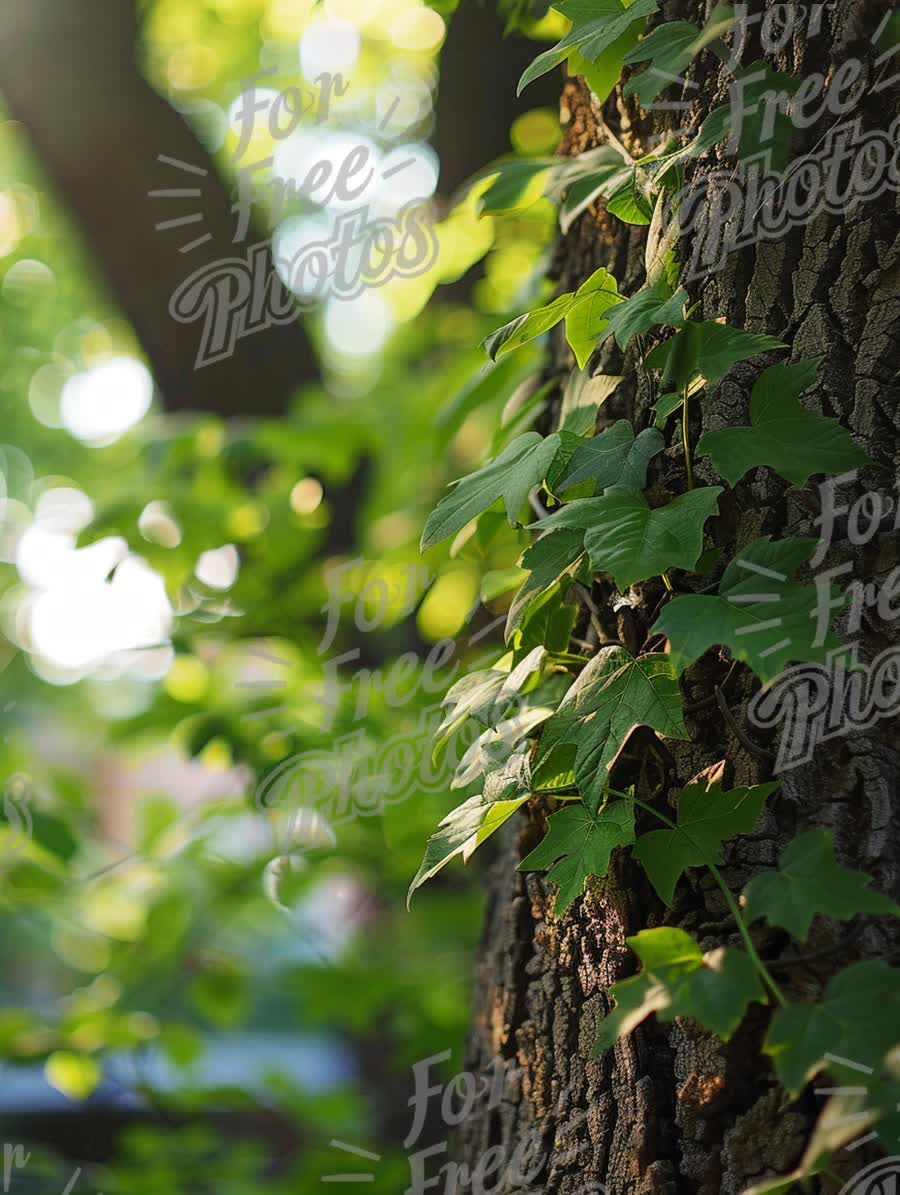 Serene Nature Close-Up: Lush Green Ivy on Tree Bark