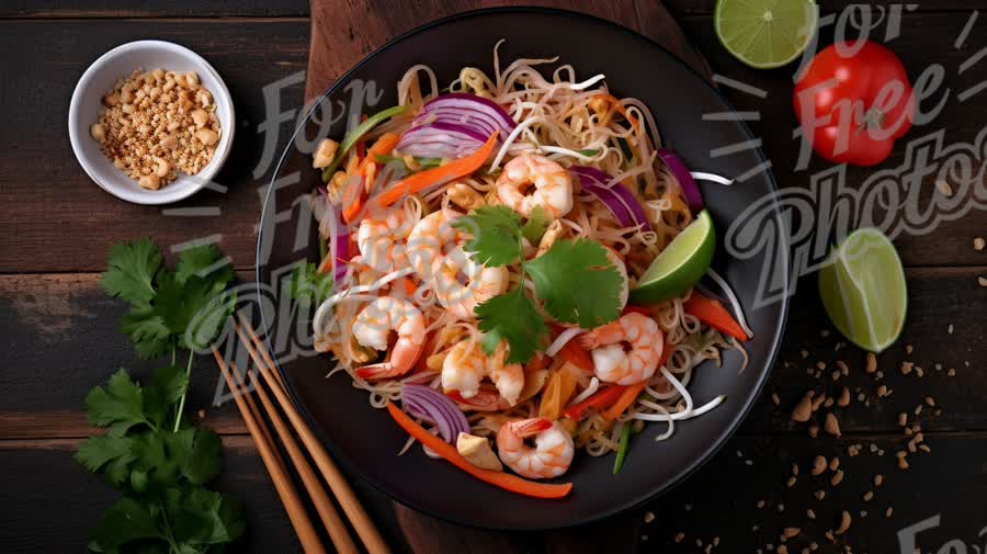 Delicious Shrimp Stir-Fry with Fresh Vegetables and Herbs on Rustic Wooden Table