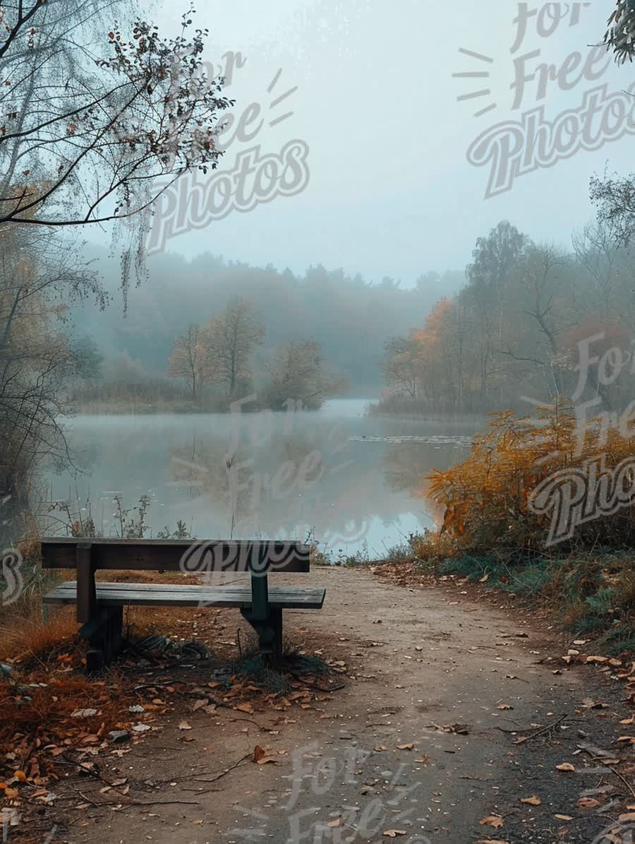 Serene Autumn Landscape with Foggy Lake and Empty Bench