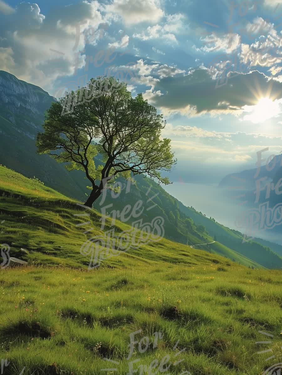 Serene Landscape with Lone Tree at Sunrise: Nature's Tranquility and Beauty