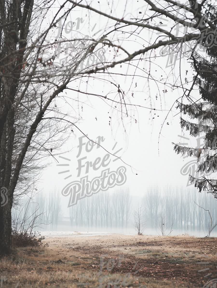 Serene Misty Landscape: Tranquil Nature Scene with Bare Trees and Fog