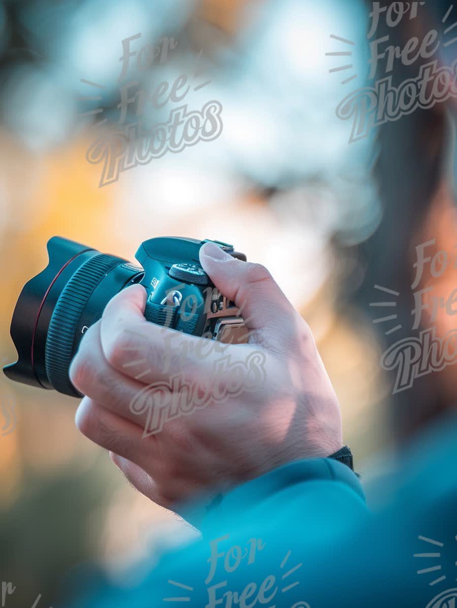 Close-Up of Photographer Holding DSLR Camera in Nature