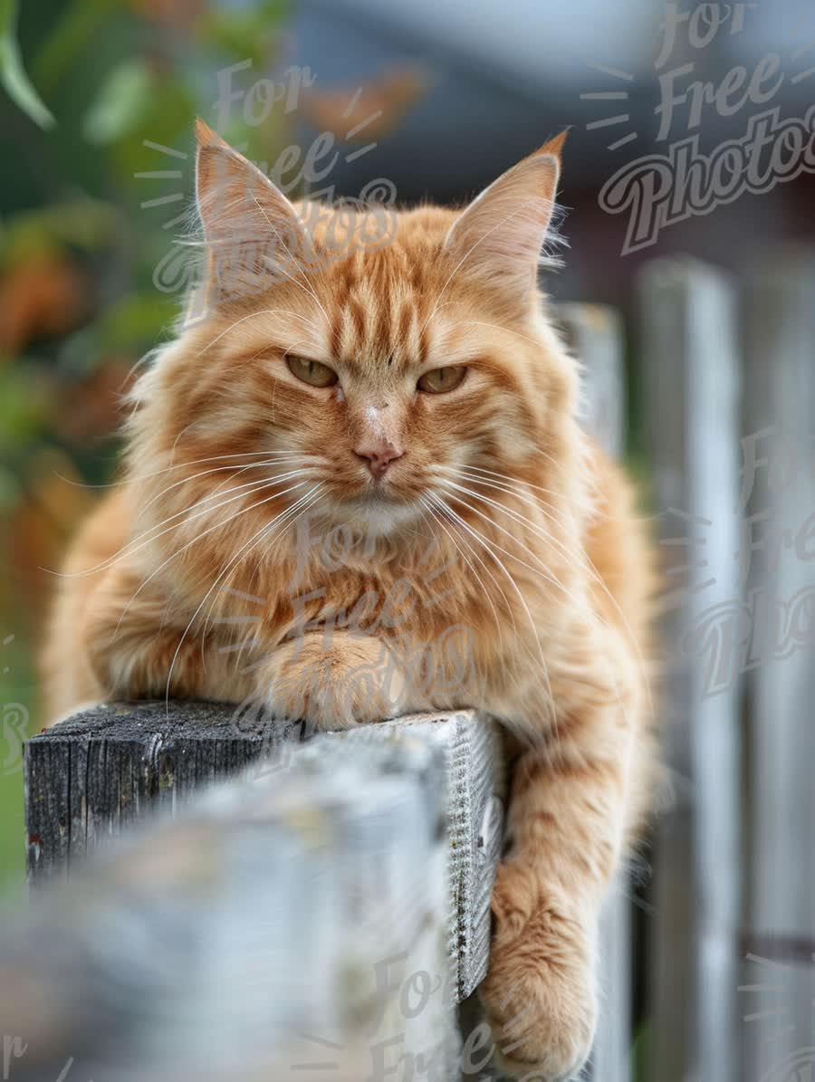 Majestic Ginger Cat Relaxing on a Wooden Fence in a Serene Garden Setting