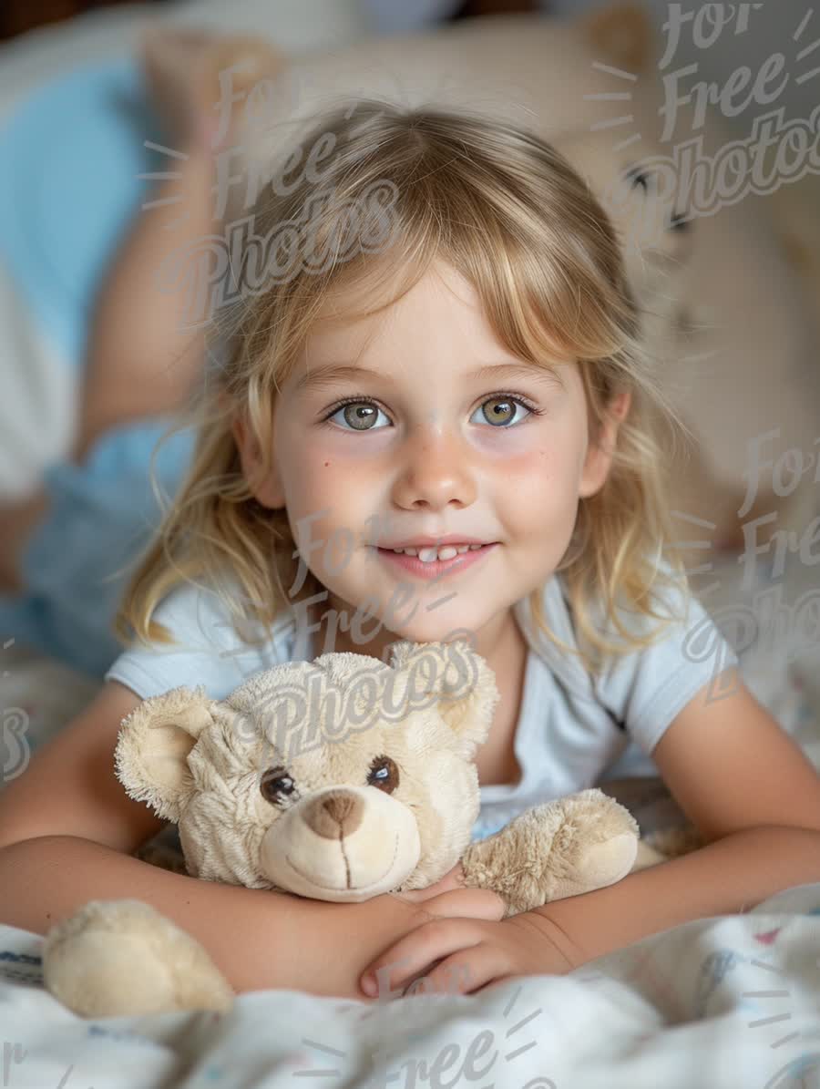 Joyful Child with Teddy Bear: Innocence and Comfort in a Cozy Bedroom Setting