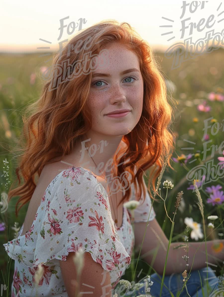 Radiant Young Woman in Flower Field at Sunset - Natural Beauty and Serenity