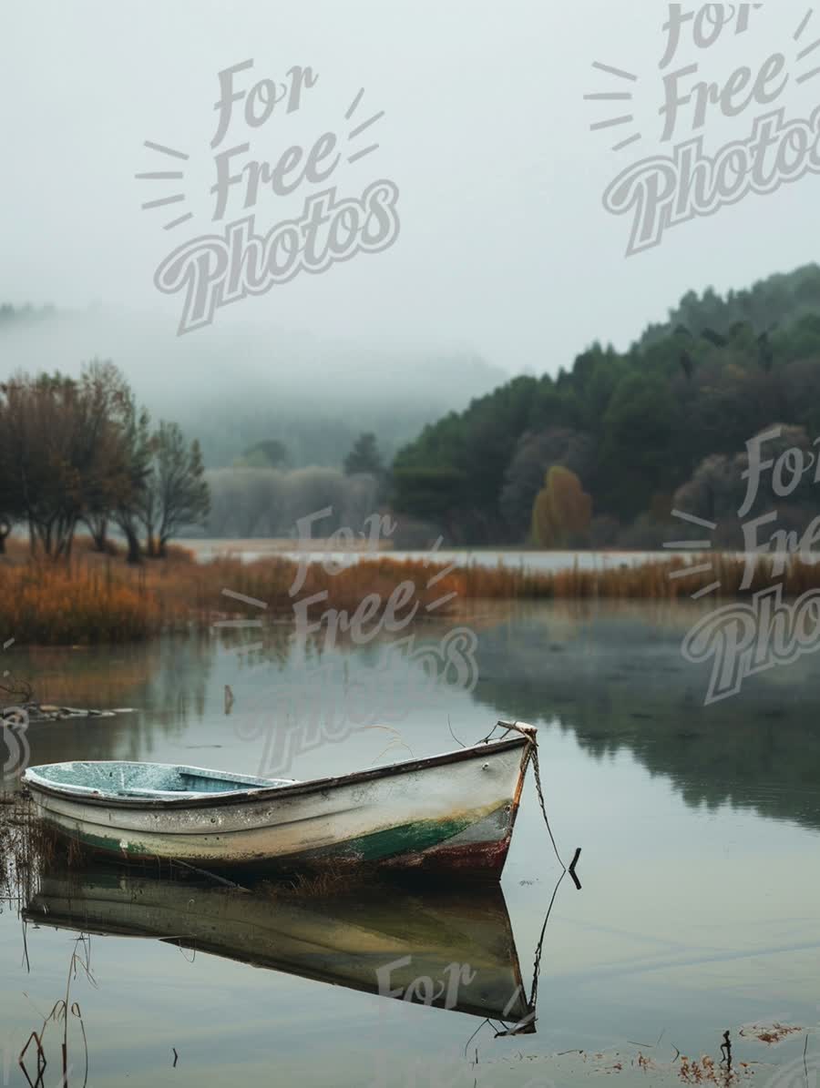 Serene Misty Lake with Abandoned Boat at Dawn