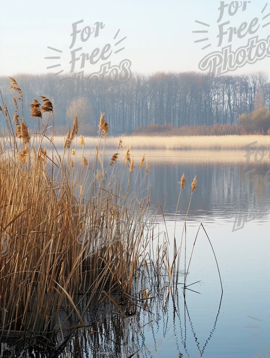 Tranquil Misty Lake with Reeds at Dawn - Serene Nature Landscape