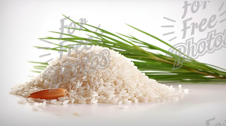 Fresh Ingredients: Pile of White Rice with Green Chives and Almond on White Background